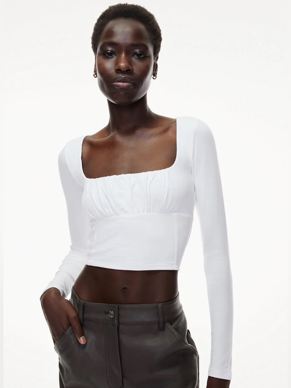 Wilfred Free Orbit Top White Ruched Bust Long Sleeve Cropped Blouse Medium New